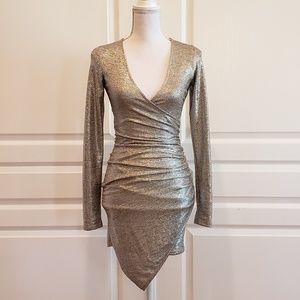 Blanc Gold Bodycon Asymmetrical Ruched Dress